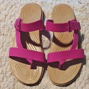 CROCS Women's Fuchsia T-Strap Sandals with Tan Footbed